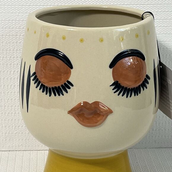 Bulgy Eye Face Ceramic Pedestal Planter Flower Pot Multi Tall Handcrafted - Picture 4 of 16